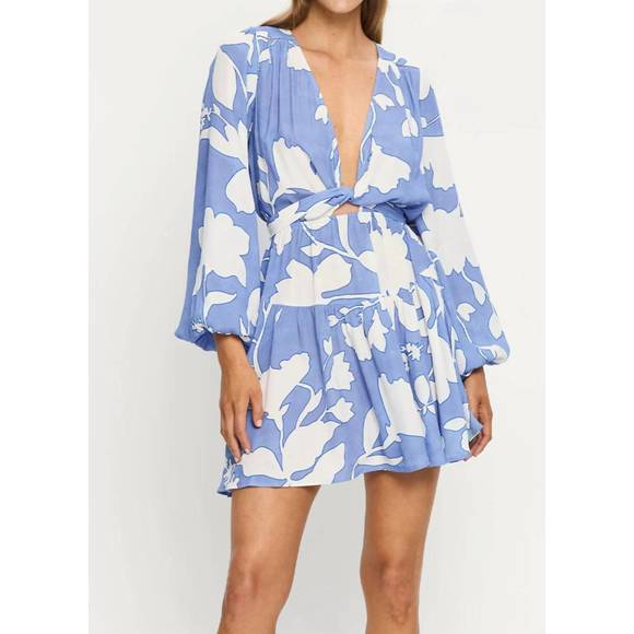 NEW KIVARI amelie tie front mini dress in cornflower blue/ivory - Picture 1 of 4